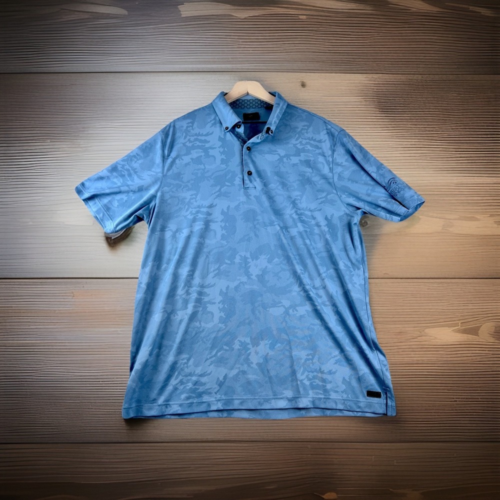 Greg‎ Norman Desert Springs Polo Shirt Men XL Blue Camo Golf Sport Short Sleeve
